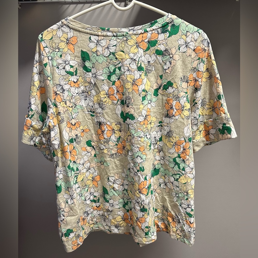 LIZ CLAIBORNE size LARGE orange & yellow Floral Short Sleeve Top - Picture 4 of 7